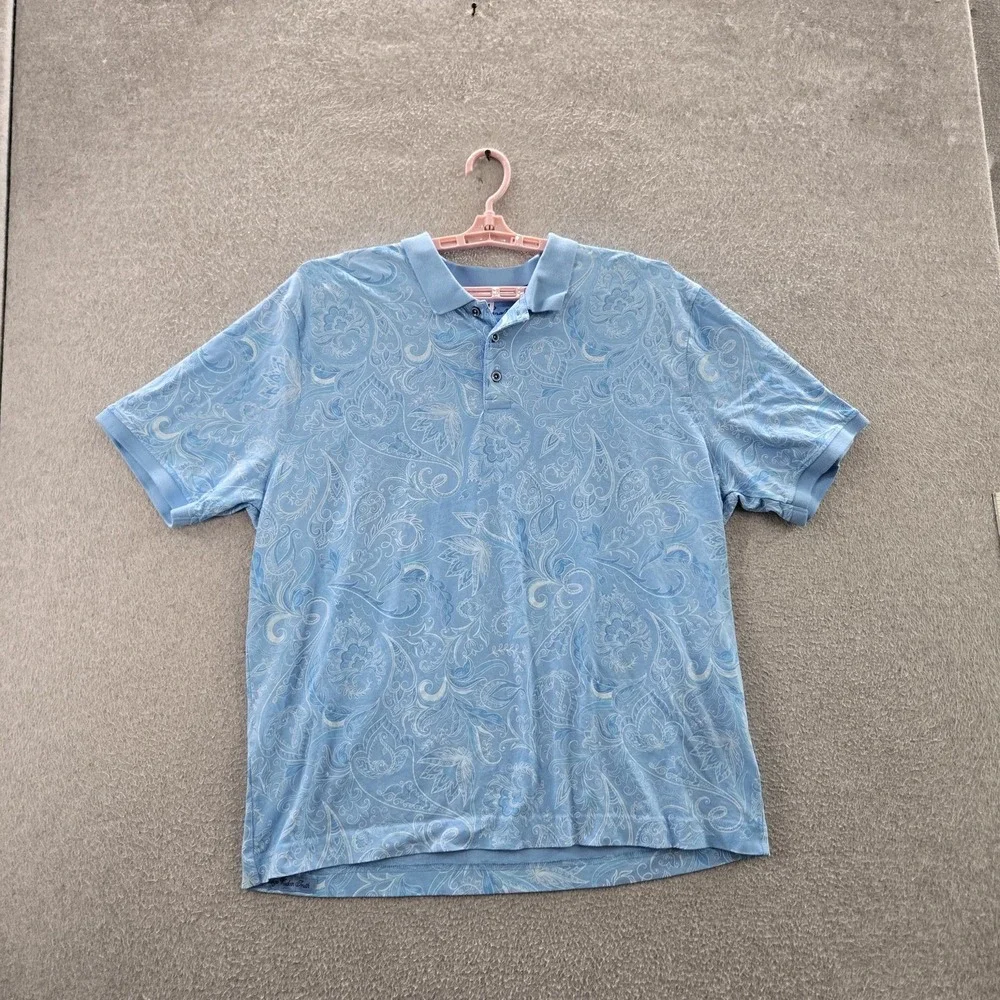 Robert Graham Men Polo 2XL Blue‎ Script Embroidery Paisley Short Sleeve